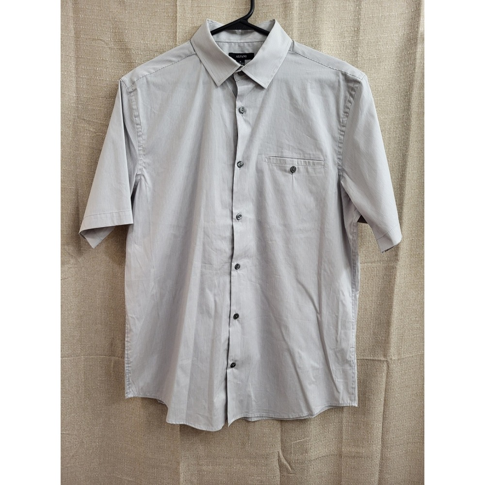 Alfani Mens Grey White Micro Stripe Short Sleeve Button Down Shirt Size M